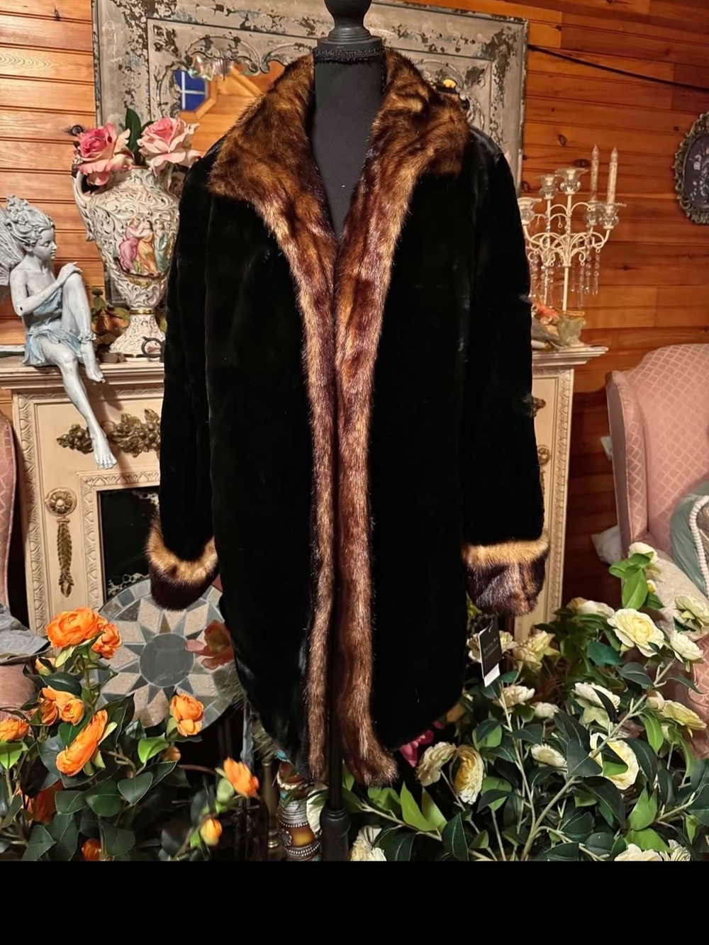 Tally Ho Black Pea Coat with Brown Fur Trim